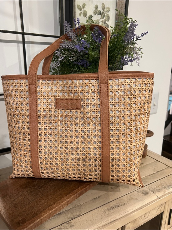 NEELY & CHLOE Handbags - Woven Rattan Tote with Brown Trim